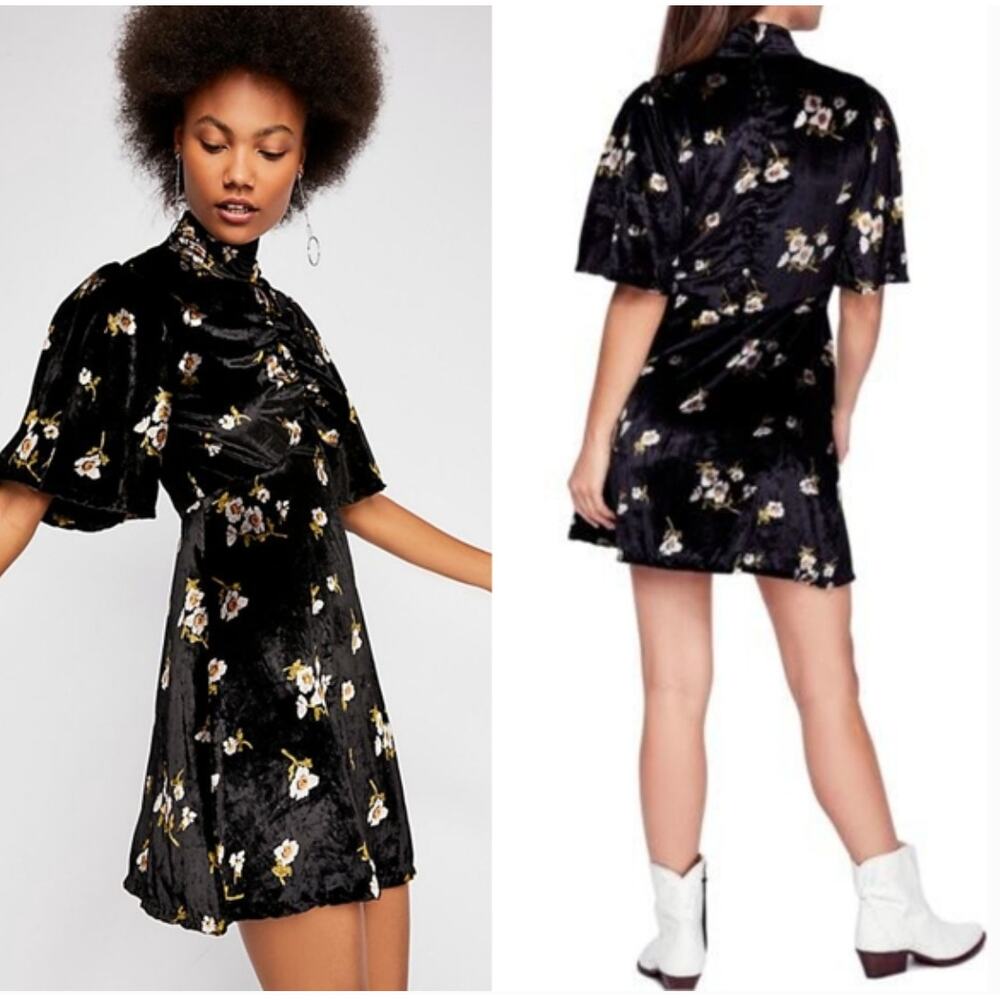 Free People Sz 6 Be My Baby Mini Dress Velvet Floral Black Whimsigoth 90s‎ Boho